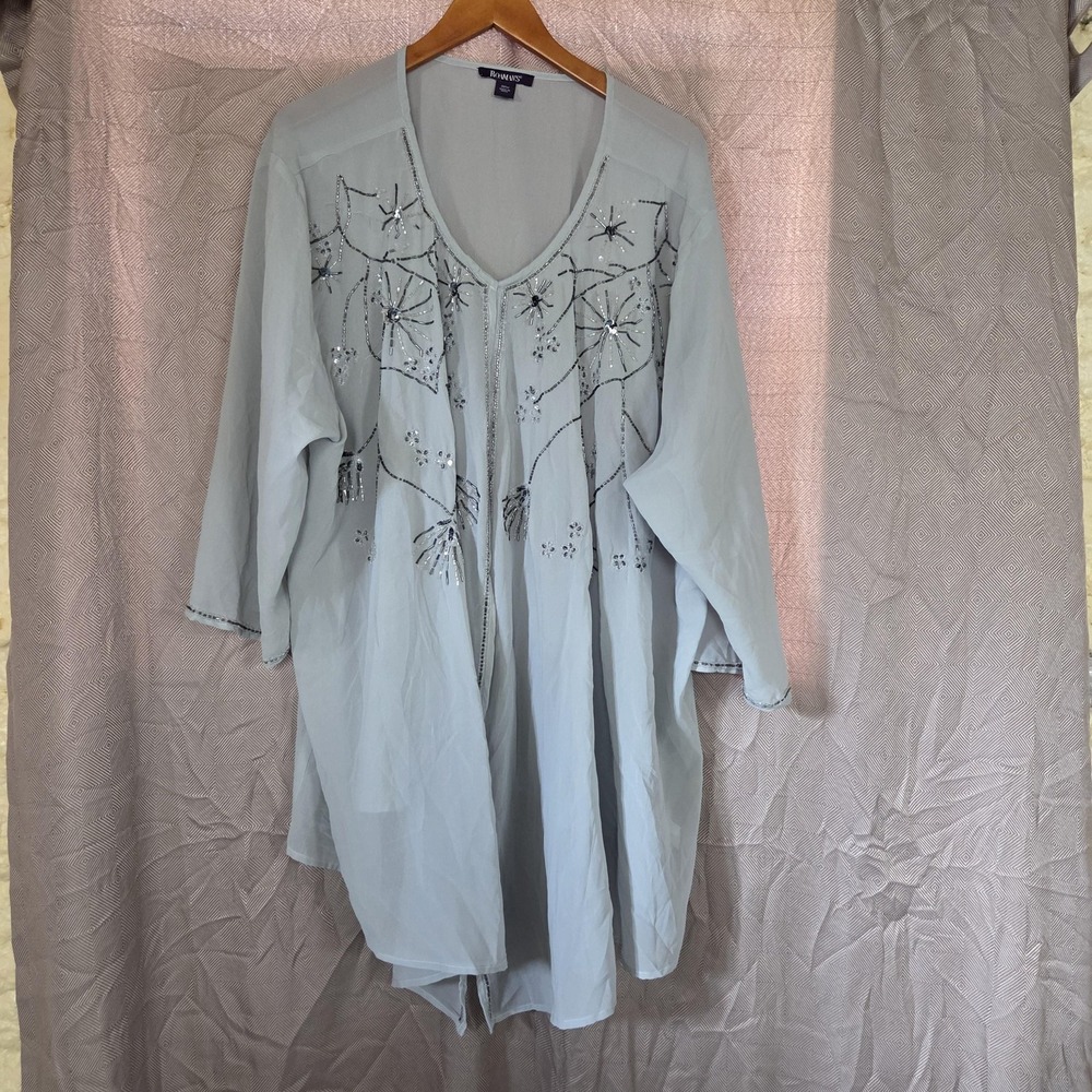 Roaman's Blouse Womens Plus 30W Gray V Neck 3/4 Kimono Sleeve Beaded Tunic Top